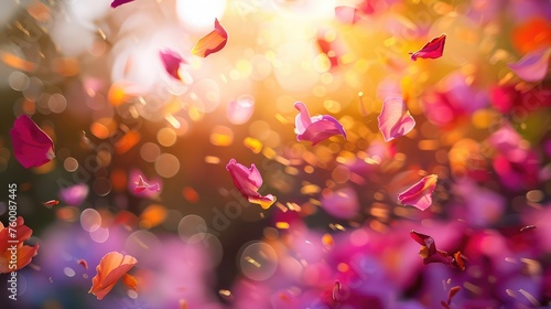Vibrant flower petals floating on wind. AI generated.