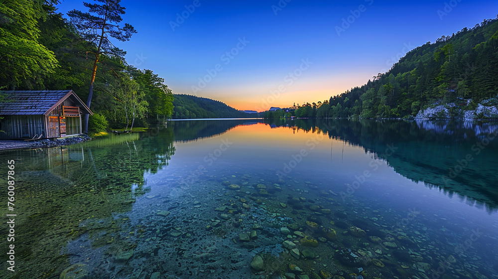 A calm, crystal-clear lake at sunset, flanked by lush forests and a charming Scandinavian wooden cottage on its banks. 