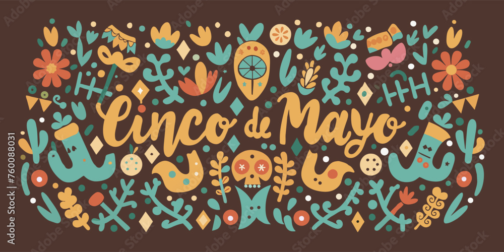 Mexican background festive backdrop for Cinco de mayo. Mexico poster. Vibrant illustration festival with festive symbols and lettering