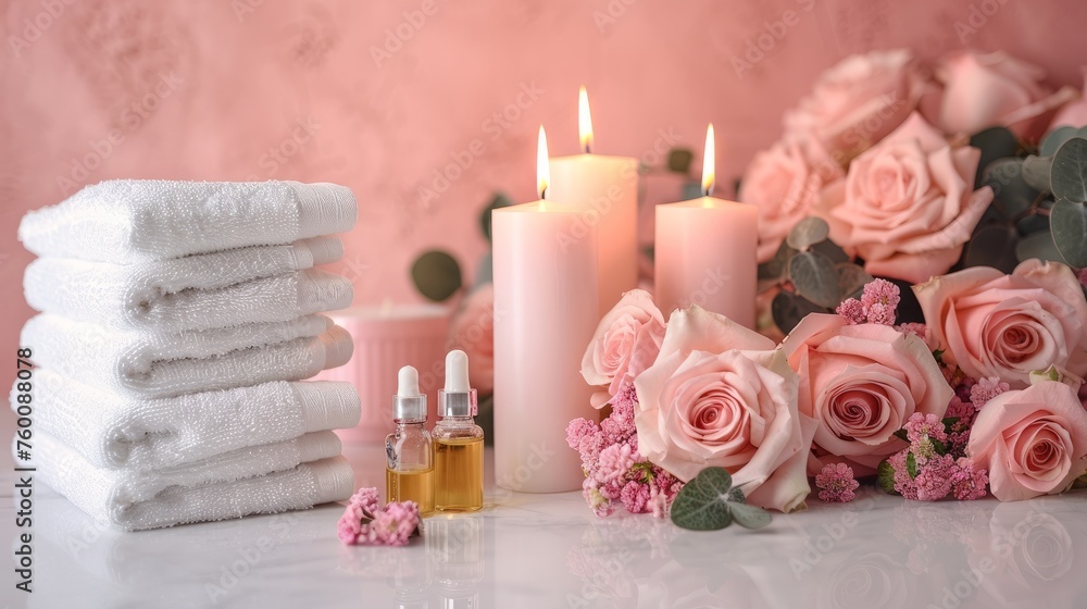 Relaxing Spa Ambience with Pink Candles, White Towels, and Rose Petals for Soothing Pampering