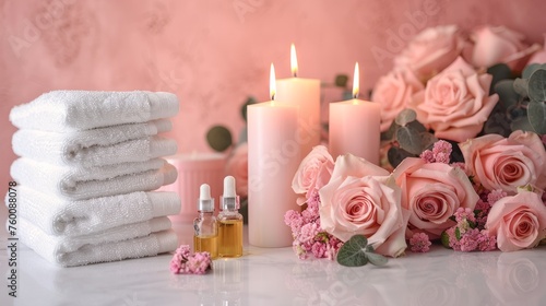 Relaxing Spa Ambience with Pink Candles, White Towels, and Rose Petals for Soothing Pampering