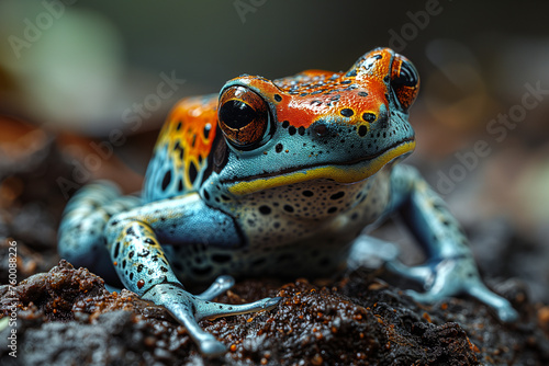 Closeup of frog in natural enironment, Orange and blue poison dart frog with beautiful and Vibrant Mimic, European tree frog, Hyla arborea on nature background photo