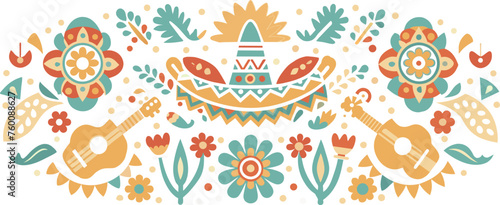 Mexican background festive backdrop for festival Cinco de mayo. Mexico poster. Vibrant illustration of traditional mexican folk art with floral and musical motifs photo