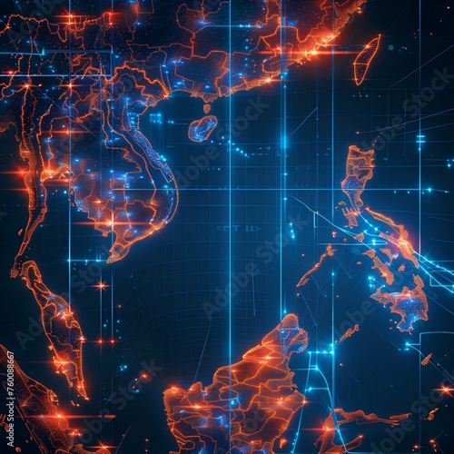 Philippine Map with Grid Lines, Blue and Orange, White Background, Bright Lights