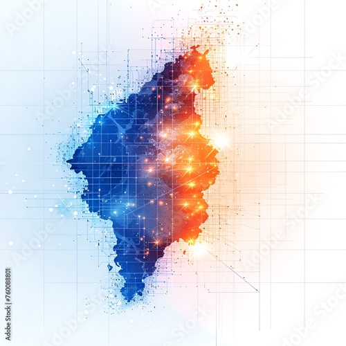 Philippine Map with Grid Lines, Blue and Orange, White Background, Bright Lights