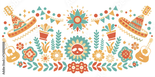 Mexican background festive backdrop for festival Cinco de mayo. Mexico poster. Vibrant illustration of traditional mexican folk art with floral and musical motifs