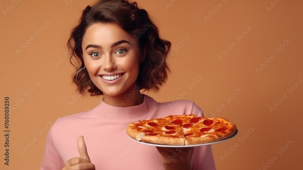 An energetic young woman with a bright smile is presenting a pizza pie with a thumbs up gesture on a solid backdrop