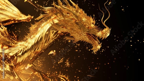 A portrayal of a golden dragon in flight, surrounded by a flurry of sparking embers, evokes a sense of motion and freedom