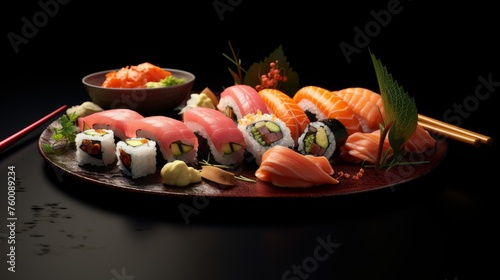 A variety of sushi pieces beautifully arranged on a black slate with chopsticks, ready for a gourmet experience