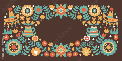Mexican background festive backdrop for festival Cinco de mayo. Mexico poster. Colorful traditional mexican folk art banner with flowers, flags, and musical instruments