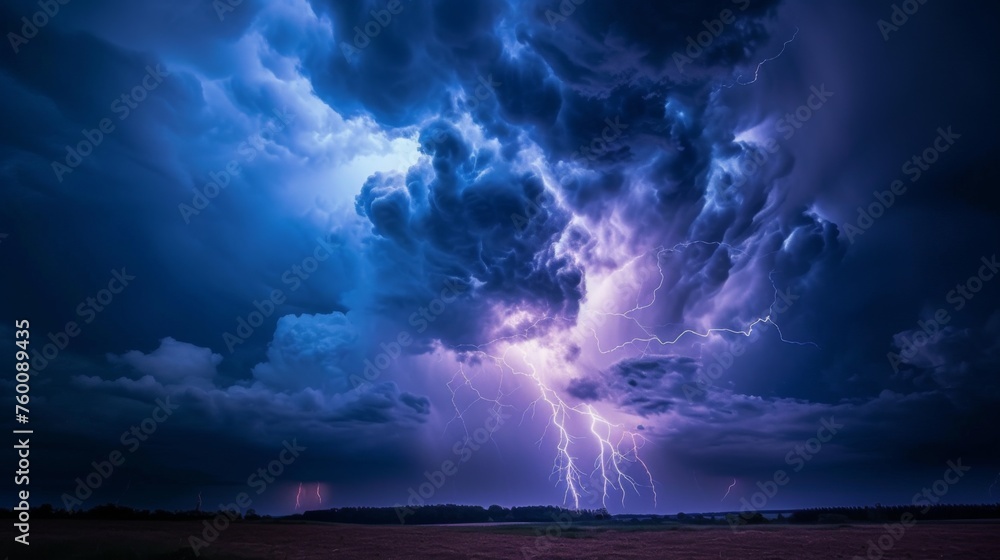Fototapeta premium Capturing a dramatic electrical storm, lightning bolts strike the ground under a night sky