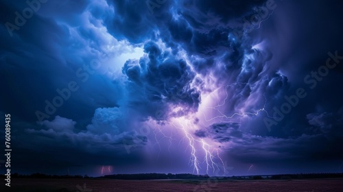 Capturing a dramatic electrical storm, lightning bolts strike the ground under a night sky