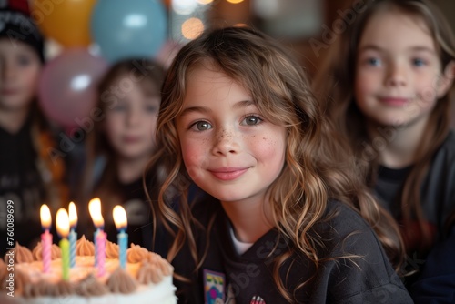 A delighted girl celebrates her birthday with a cake and lit candles, capturing an essence of joy and childhood