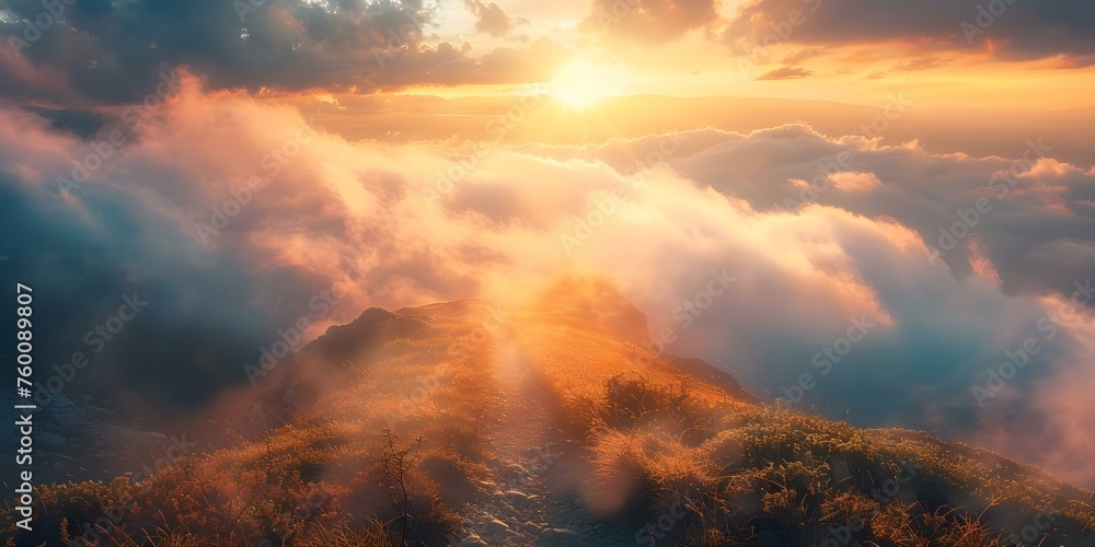 A Journey to Divine Grace Through Heavenly Sunbeams and Fog. Concept Nature Photography, Landscape Beauty, Spiritual Enlightenment, Tranquil Scenes, Natural Light Settings
