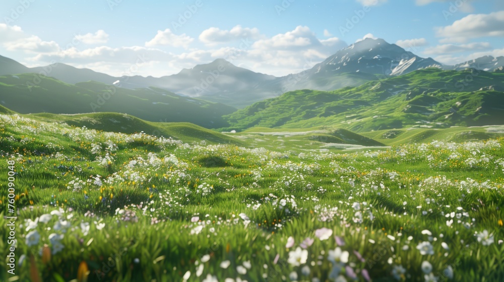 Grassy Field With Flowers and Mountains