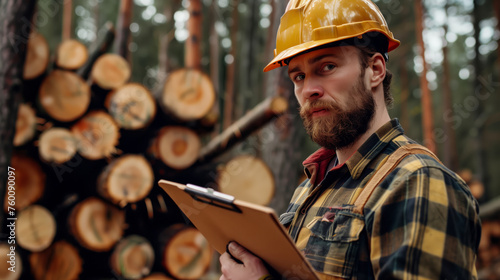 A man in a construction helmet with a tablet in his hands writes down data near cut trees, logger, sawmill, lumberjack.