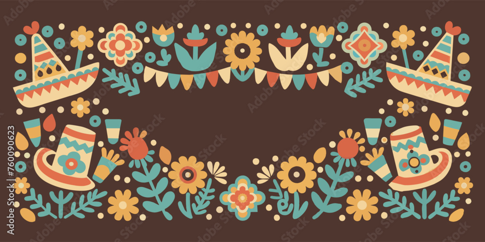 Mexican background festive backdrop for festival Cinco de mayo. Mexico poster. Colorful traditional mexican folk art pattern with flowers and pottery