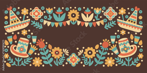 Mexican background festive backdrop for festival Cinco de mayo. Mexico poster. Colorful traditional mexican folk art pattern with flowers and pottery