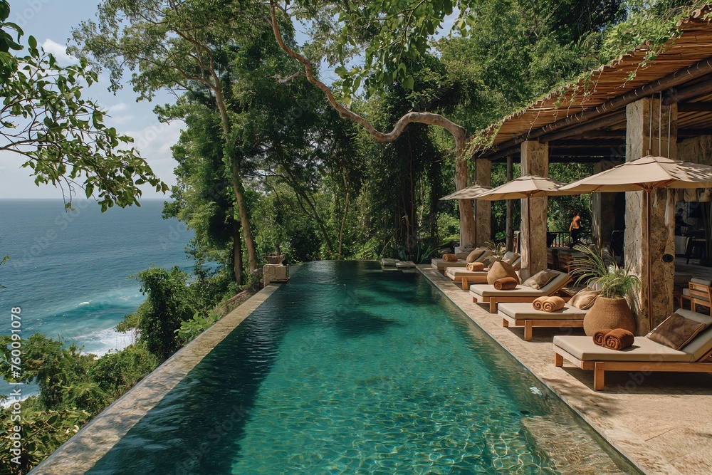An infinity pool merges with the azure ocean under a wooden terrace, evoking luxury and tranquility in a tropical paradise