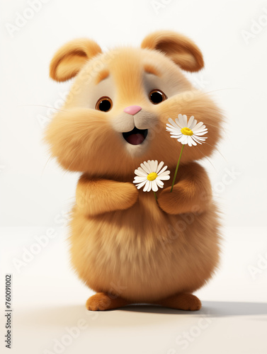 Adorable 3D Cartoon Hamster Holding Daisy Flowers  © augenperspektive