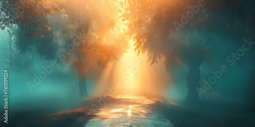 Navigating the Journey to Divine Grace through Heavenly Light in the Mist. Concept Spiritual Growth, Enlightened Path, Divine Connection, Inner Peace, Soulful Reflections