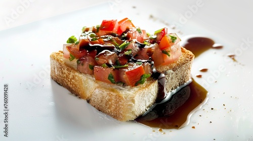 A delicious bruschetta adorned with a balsamic glaze, adding a touch of sweetness and acidity to its crunch. Bruschetta with toasted bread and rich dark balsamic glaze.