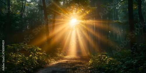 Walking the Path of Enlightened Grace Through Heavenly Sunbeams and Fog. Concept Path of Enlightenment, Graceful Sunbeams, Heavenly Fog