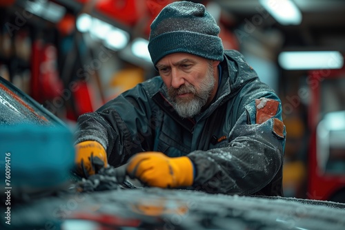 Elderly mechanic in winter workgear thoroughly inspecting car engine in a repair shop