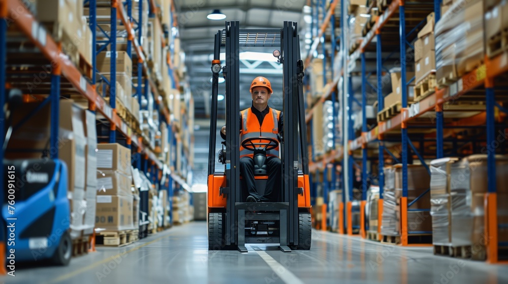 Man Sitting on Forklift in Warehouse Man Sitting on Forklift in Warehouse