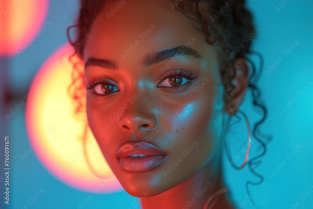 A portrait showcasing a young woman's face illuminated by vibrant neon lights, emphasizing mood and atmosphere A portrait showcasing a young woman's face illuminated by vibrant neon lights, emphasizing mood and atmosphere
