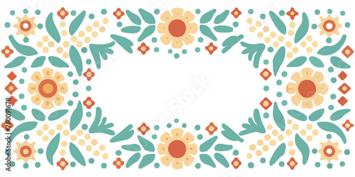 Mexican background festive backdrop for festival Cinco de mayo. Mexico poster. Decorative, symmetrical floral frame with a vintage feel on a warm