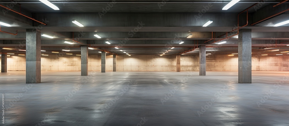 An empty warehouse in the city with symmetrical columns and ceiling lights, perfect for hosting events or showcasing art fixtures