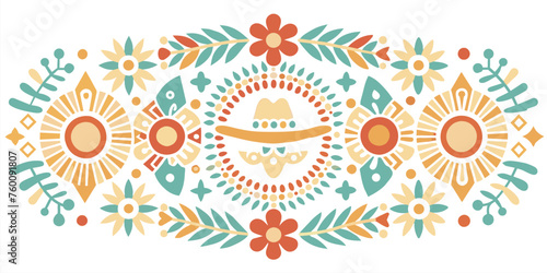 Mexican background festive backdrop for festival Cinco de mayo. Mexico poster. Vibrant and symmetrical illustration inspired by traditional mexican folk art, featuring floral and sun motifs
