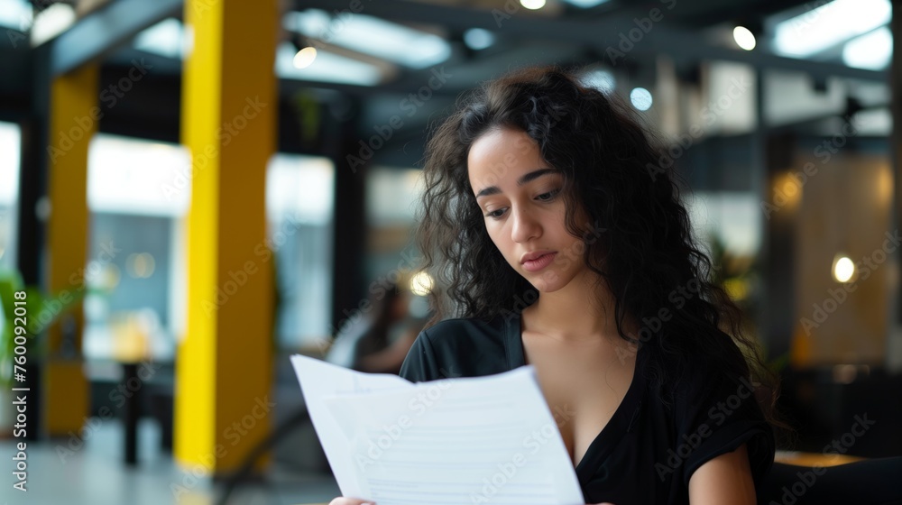 Woman Reading Paper at Table Woman Reading Paper at Table