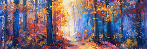 Enchanting forest painting glowing with autumn's vibrant hues photo