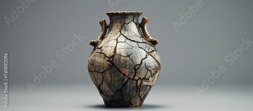 A cracked vase with two handles, made of natural material, sits on a table. Its detailed symmetry resembles a sculpture, blending art with still life photography and macro photography photo
