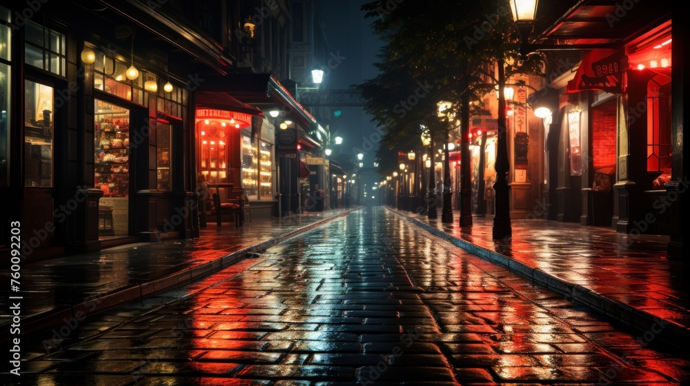 Night city street with lights and cobblestone