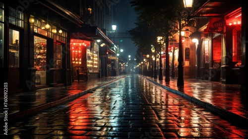 Night city street with lights and cobblestone