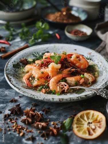 Plate of Shrimp With Herbs and Spices