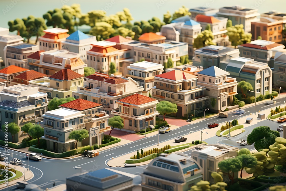 Fototapeta premium Modern cityscape with houses and trees. 3d render illustration.