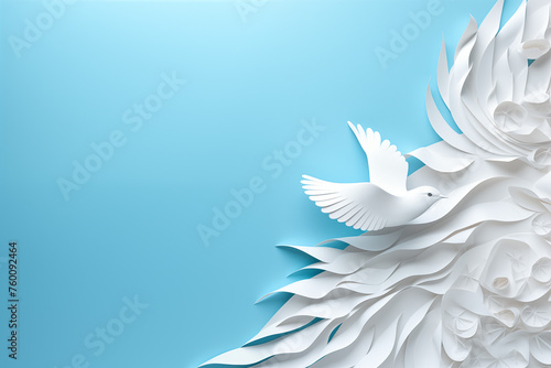 Decorative Paper Background with a White Bird Flying into White Clouds, Providing Space for Text on a Blue Background. Elegant and Serene Design Ideal for Invitations, Posters, or Inspirational Quotes
