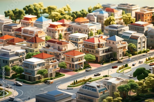 Modern cityscape with houses and trees. 3d render illustration.