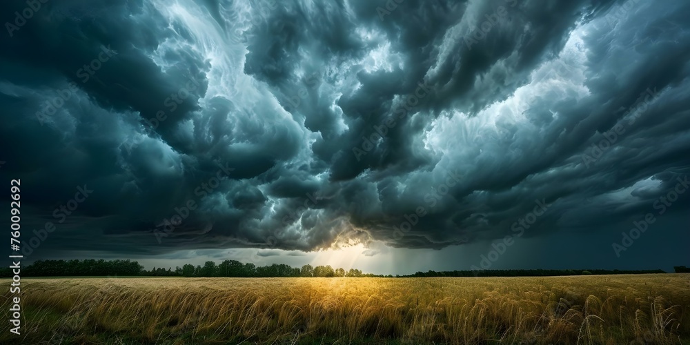 Gloomy storm clouds gather blocking the sun in ominous dark scene. Concept Weather, Storm, Dark Sky, Nature, Atmosphere - obrazy, fototapety, plakaty 