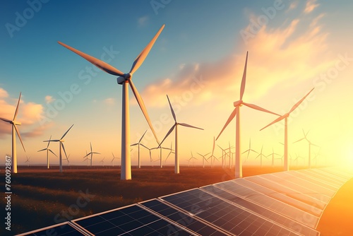 solar energy panels and wind turbines at sunset, 3d render