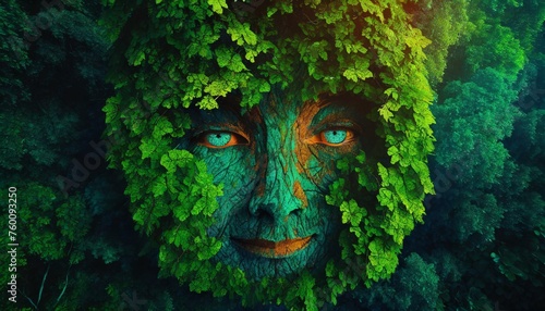 Nature's Portrait: Face Sculpted from Vibrant Tree Foliage Extrusion