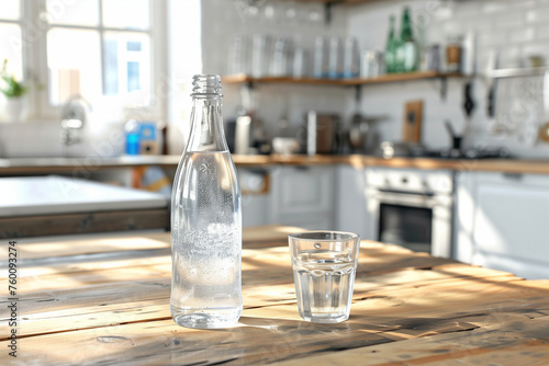 Bottle and a glass of sparkling water standing on a table in a kitchen.