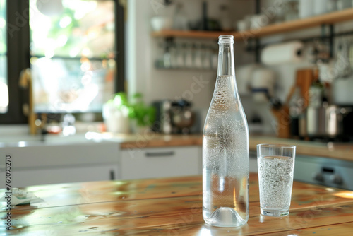 Bottle and a glass of sparkling water standing on a table in a kitchen.