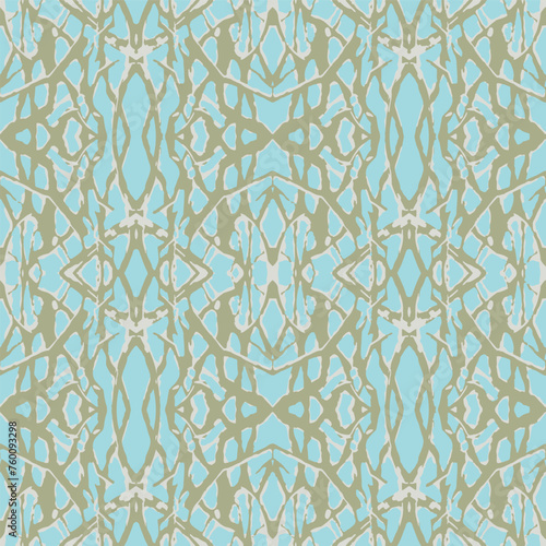 vector, seamless, abstract, geometric pattern of stylized painted lines, bands that intertwine and form a medallion composition. Beach and sea colors: blue, sand.