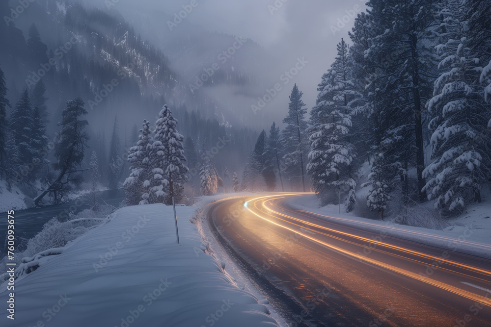 Road in winter forest in the mountains illuminated by passing cars with headlights on, view from above Road in winter forest in the mountains illuminated by passing cars with headlights on, view from above
