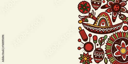 Mexican background festive backdrop for festival Cinco de mayo. Mexico poster. Vibrant illustration of traditional mexican folk art designs along a border